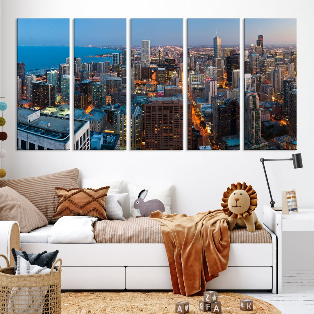 Chicago Night Skyline Wall Art Cityscape Canvas Picture Print Ready to Hang