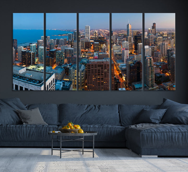 Chicago Night Skyline Wall Art Cityscape Canvas Picture Print Ready to Hang