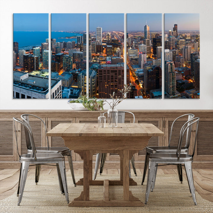 Chicago Night Skyline Wall Art Cityscape Canvas Picture Print Ready to Hang