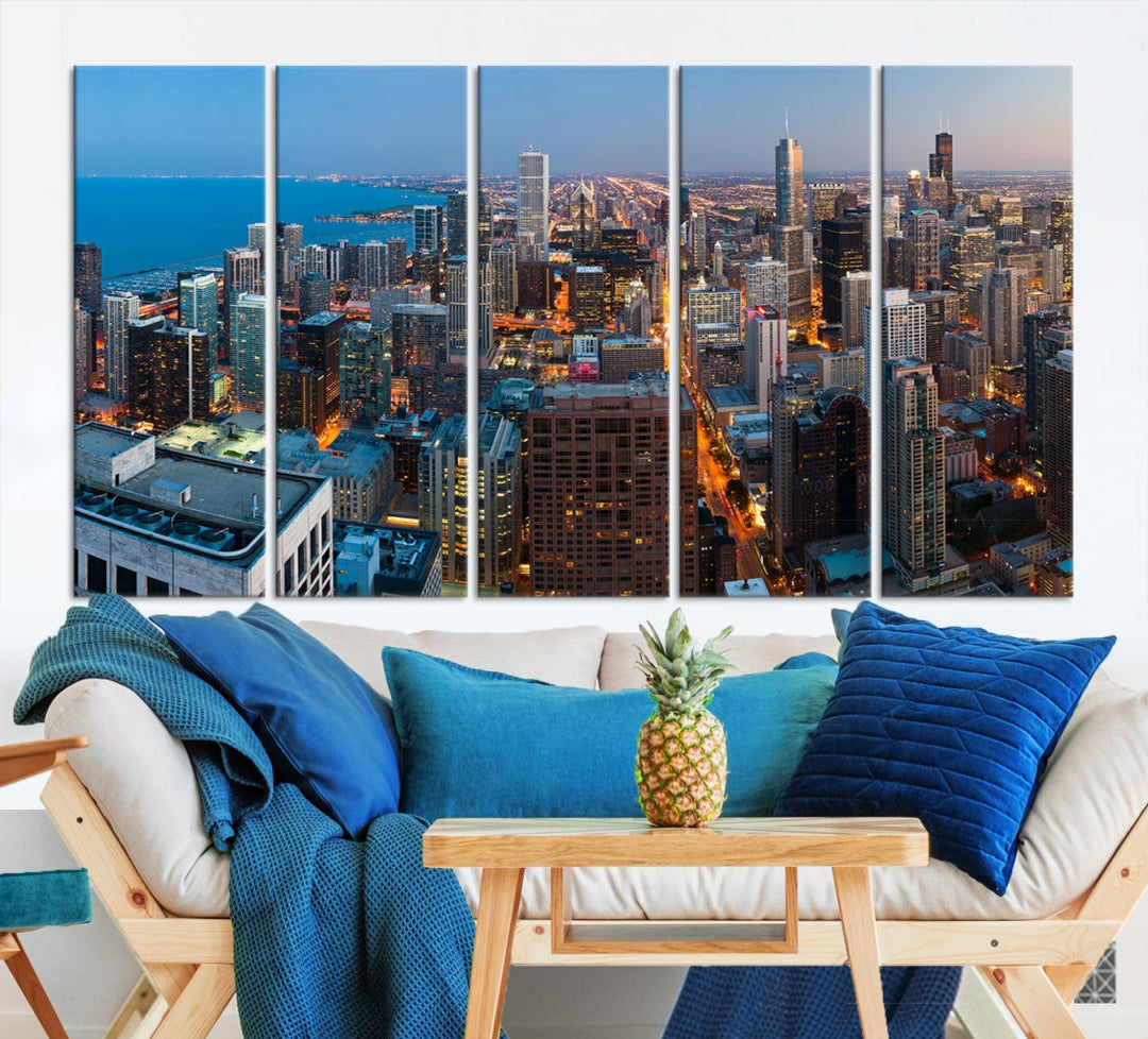 Chicago Night Skyline Wall Art Cityscape Canvas Picture Print Ready to Hang