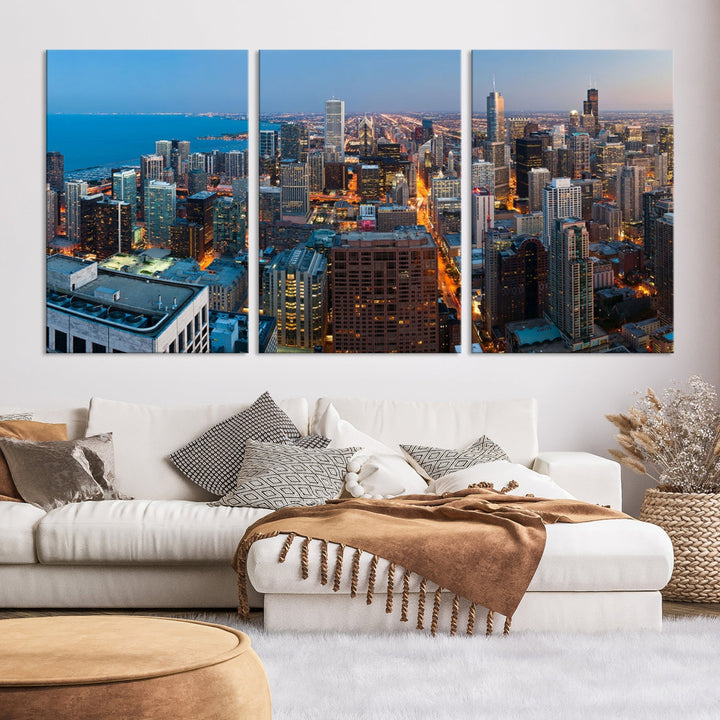 Chicago Night Skyline Wall Art Cityscape Canvas Picture Print Ready to Hang