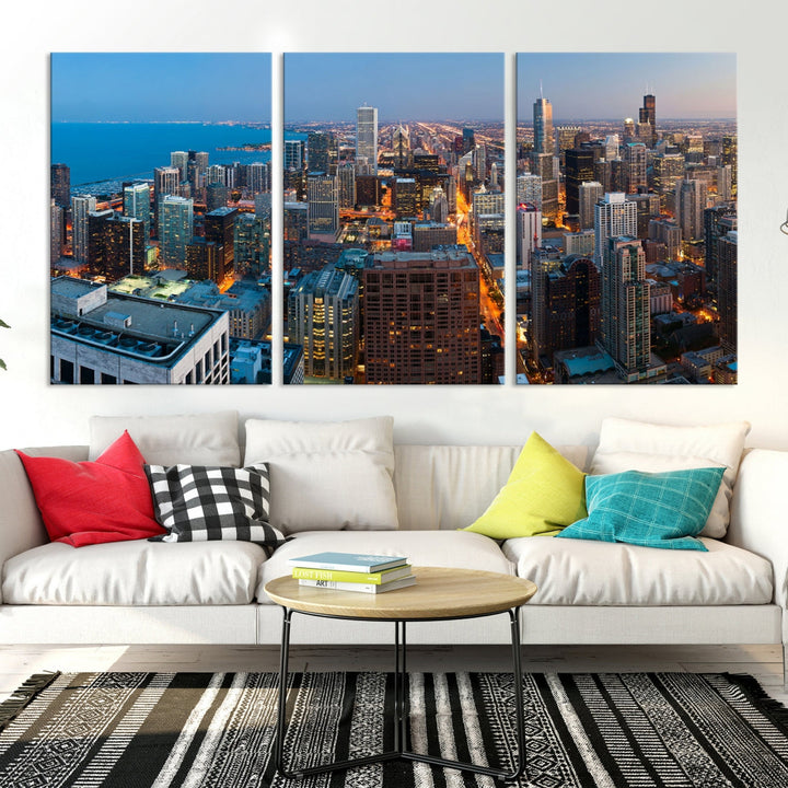 Chicago Night Skyline Wall Art Cityscape Canvas Picture Print Ready to Hang