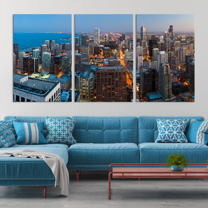 Chicago Night Skyline Wall Art Cityscape Canvas Picture Print Ready to Hang