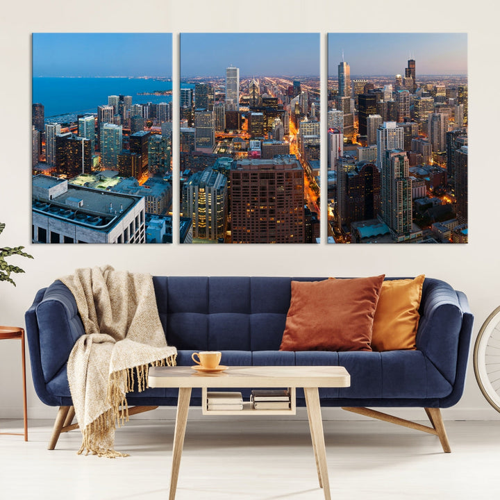 Chicago Night Skyline Wall Art Cityscape Canvas Picture Print Ready to Hang