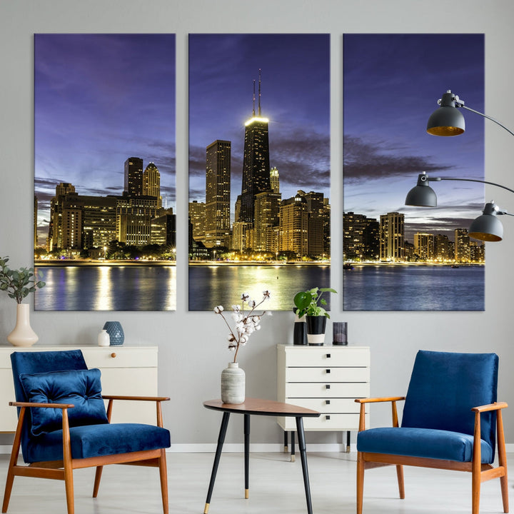 Chicago Night Skyline Wall Art Cityscape Canvas Picture Print