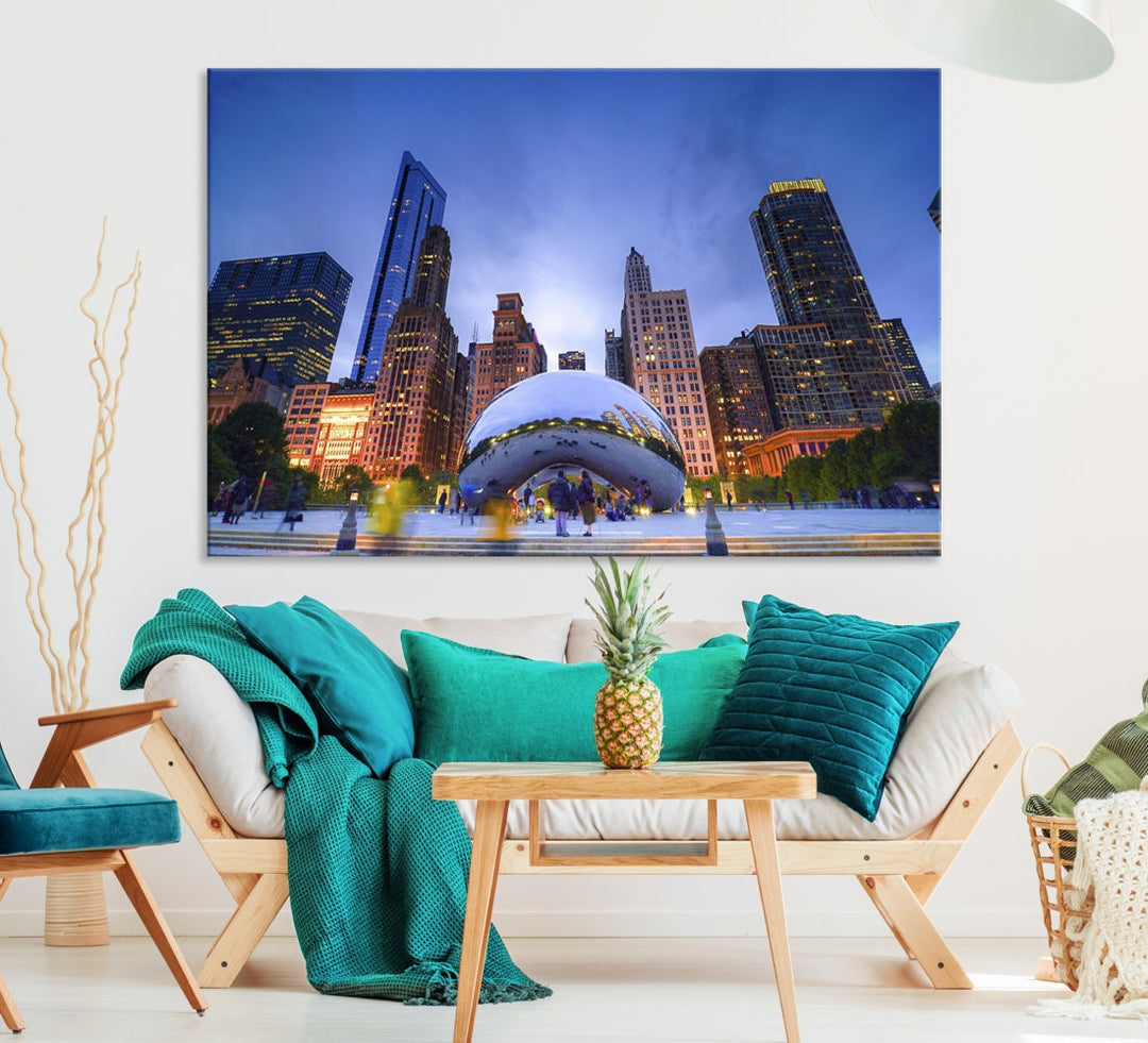 Chicago Night Skyline Wall Art Downtown Cityscape Canvas Picture Print Framed