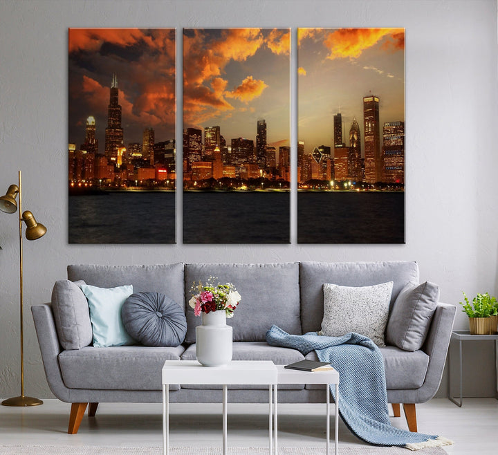 Chicago Sunset Orange Cloudy Skyline View Large Wall Art Canvas Print