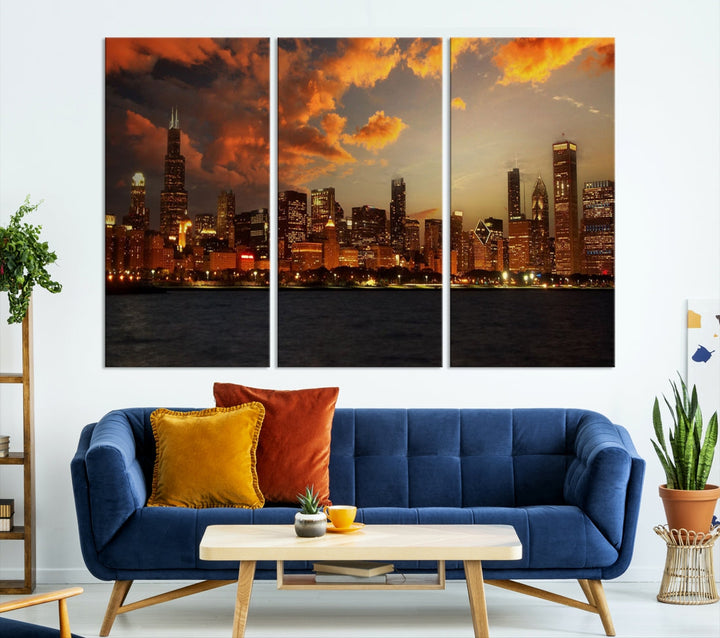 Chicago Sunset Orange Cloudy Skyline View Large Wall Art Canvas Print