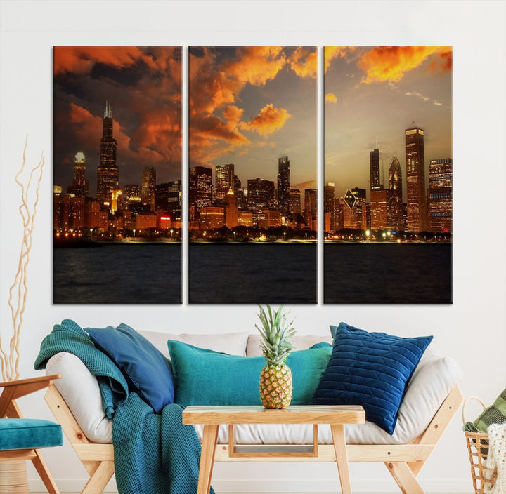 Chicago Sunset Orange Cloudy Skyline View Large Wall Art Canvas Print