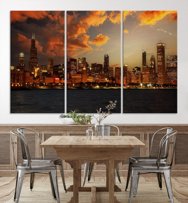 Chicago Sunset Orange Cloudy Skyline View Large Wall Art Canvas Print