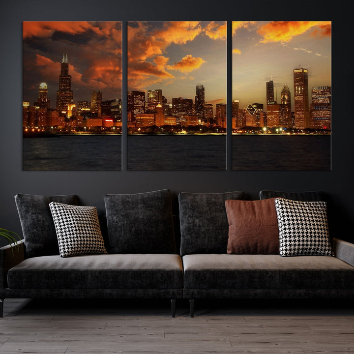 Chicago Sunset Orange Cloudy Skyline View Large Wall Art Canvas Print