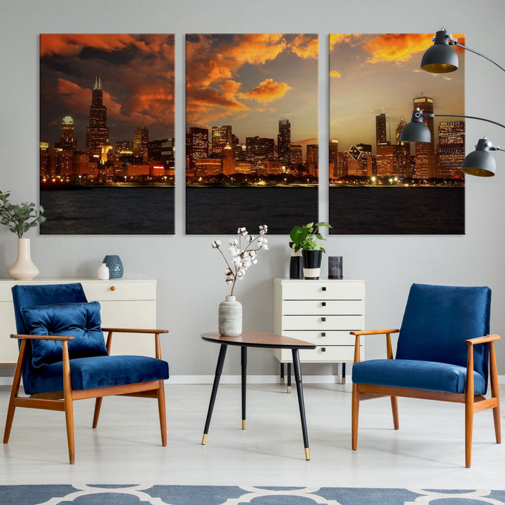 Chicago Sunset Orange Cloudy Skyline View Large Wall Art Canvas Print