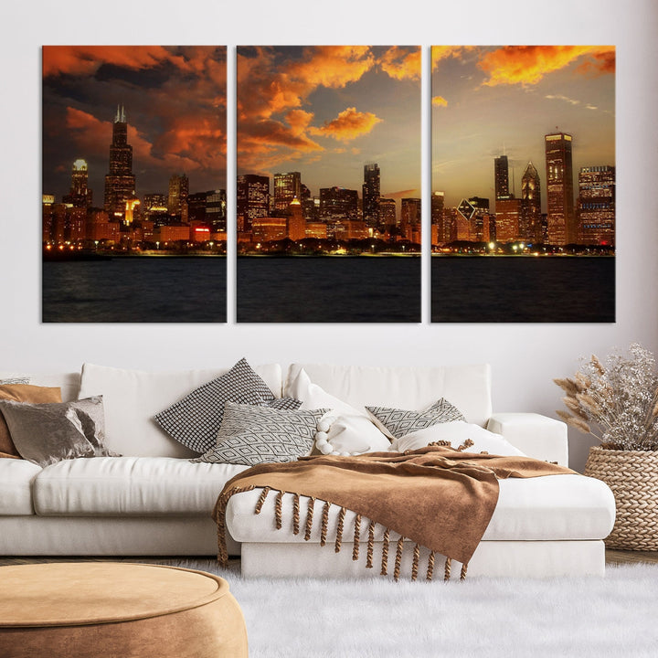 Chicago Sunset Orange Cloudy Skyline View Large Wall Art Canvas Print