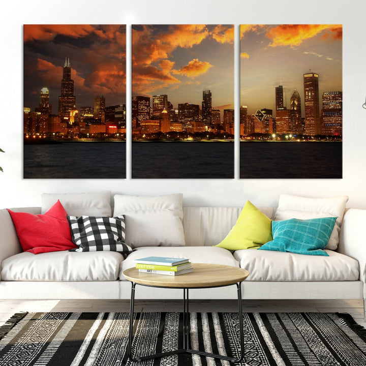 Chicago Sunset Orange Cloudy Skyline View Large Wall Art Canvas Print