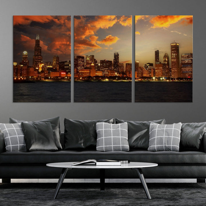 Chicago Sunset Orange Cloudy Skyline View Large Wall Art Canvas Print