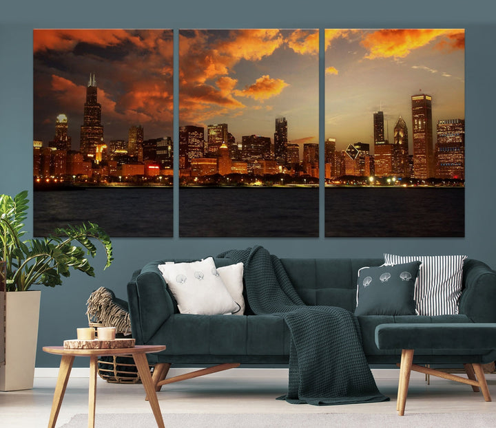 Chicago Sunset Orange Cloudy Skyline View Large Wall Art Canvas Print