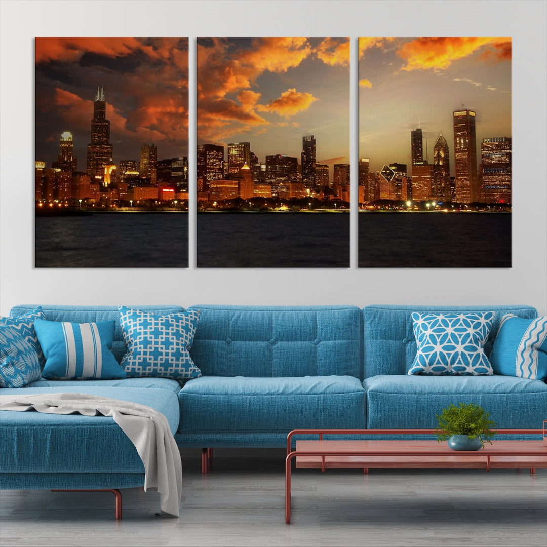 Chicago Sunset Orange Cloudy Skyline View Large Wall Art Canvas Print