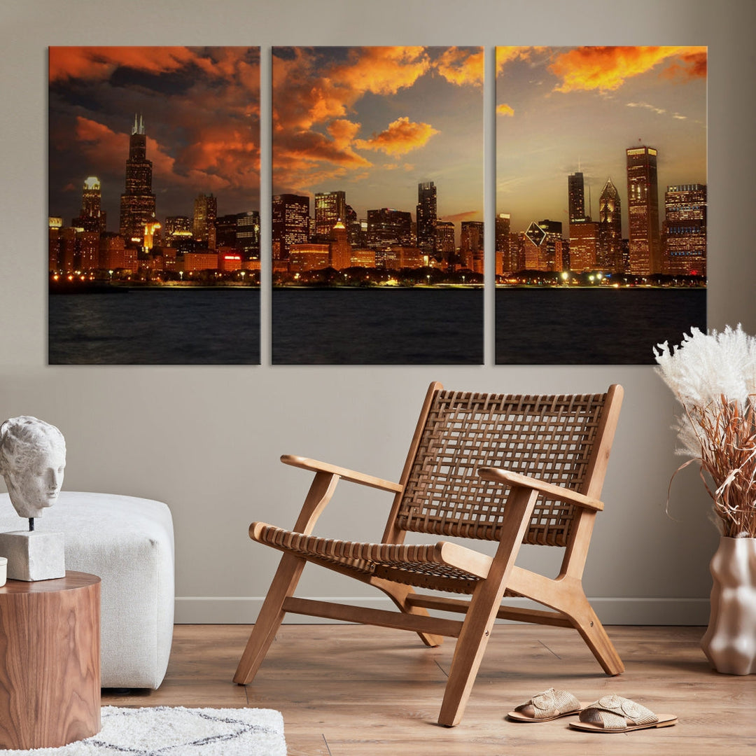 Chicago Sunset Orange Cloudy Skyline View Large Wall Art Canvas Print