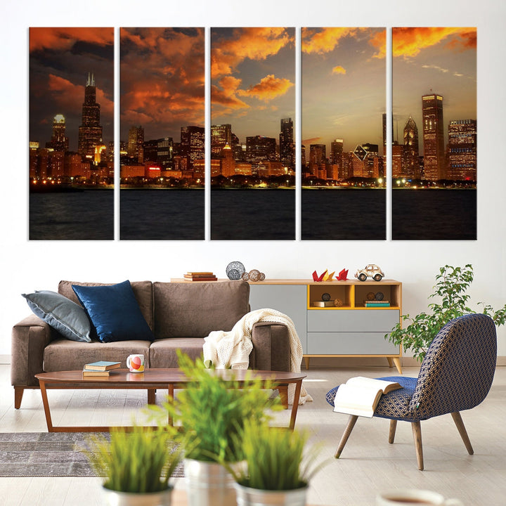 Chicago Sunset Orange Cloudy Skyline View Large Wall Art Canvas Print