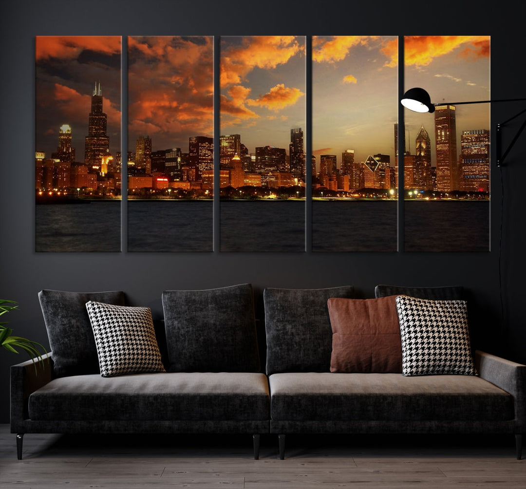 Chicago Sunset Orange Cloudy Skyline View Large Wall Art Canvas Print