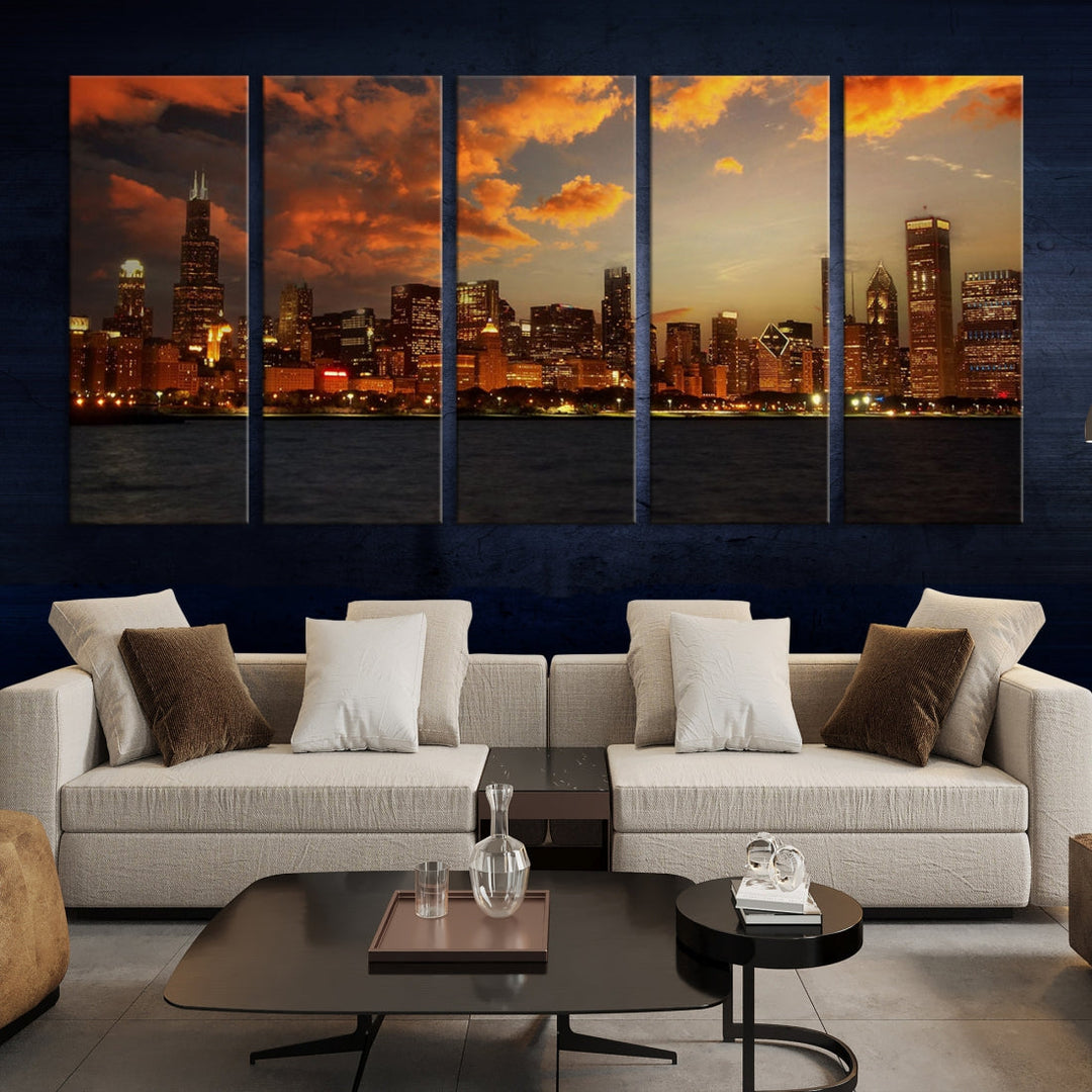 Chicago Sunset Orange Cloudy Skyline View Large Wall Art Canvas Print