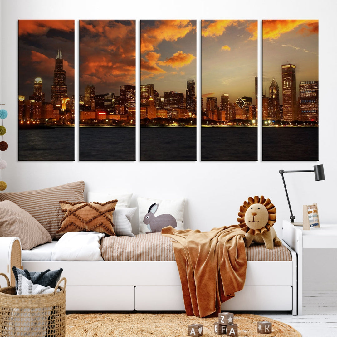 Chicago Sunset Orange Cloudy Skyline View Large Wall Art Canvas Print