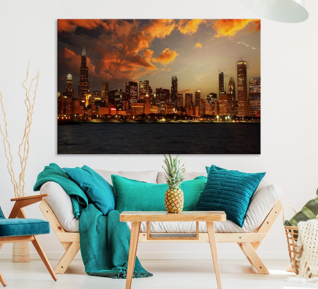 Chicago Sunset Orange Cloudy Skyline View Large Wall Art Canvas Print