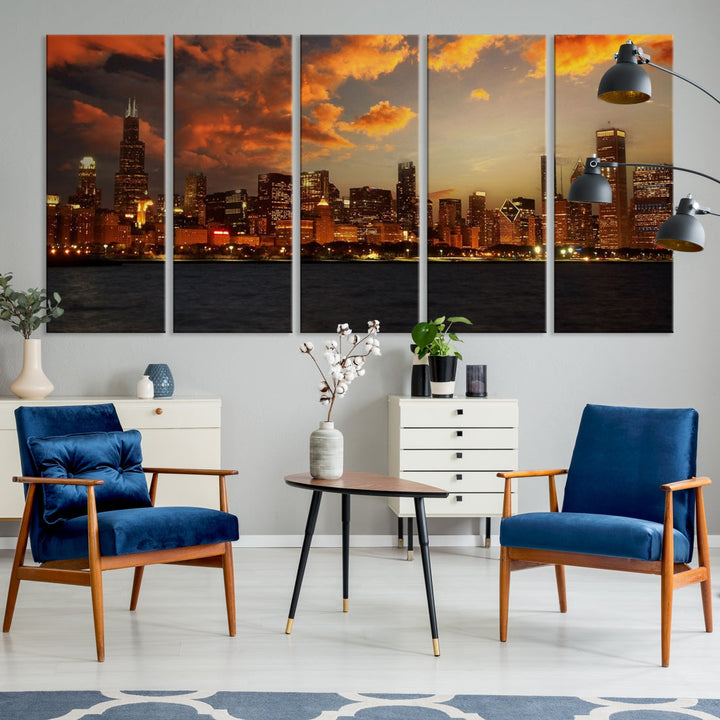 Chicago Sunset Orange Cloudy Skyline View Large Wall Art Canvas Print