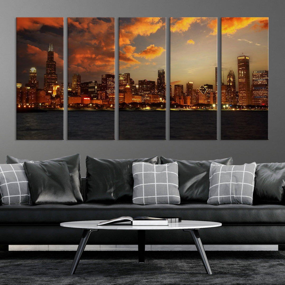 Chicago Sunset Orange Cloudy Skyline View Large Wall Art Canvas Print