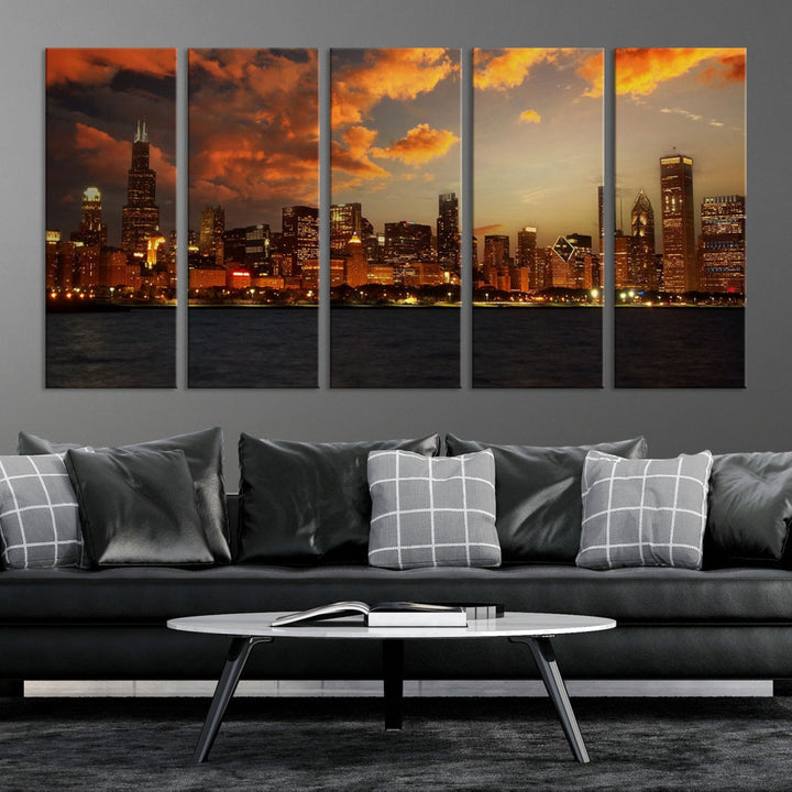 Chicago Sunset Orange Cloudy Skyline View Large Wall Art Canvas Print