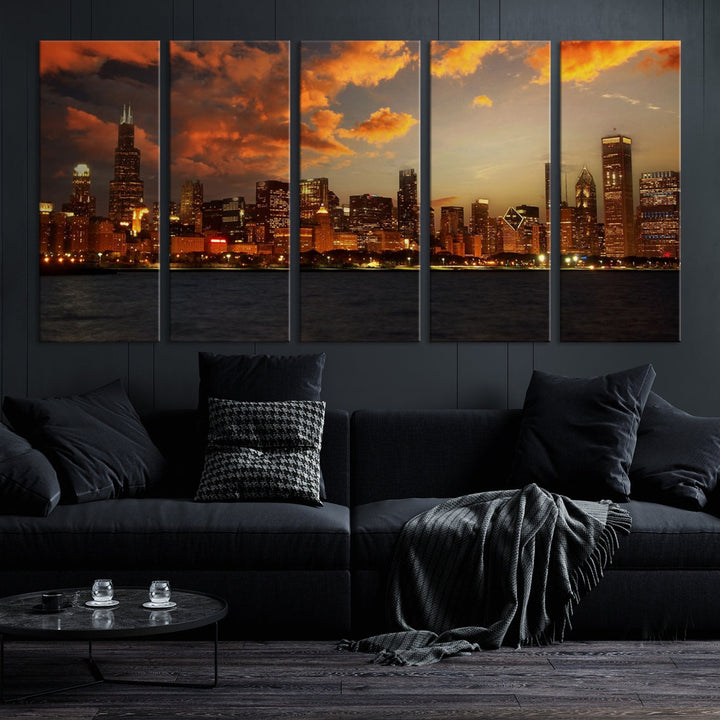 Chicago Sunset Orange Cloudy Skyline View Large Wall Art Canvas Print