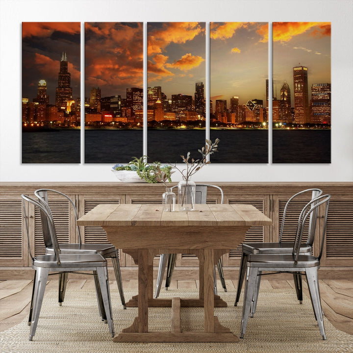 Chicago Sunset Orange Cloudy Skyline View Large Wall Art Canvas Print