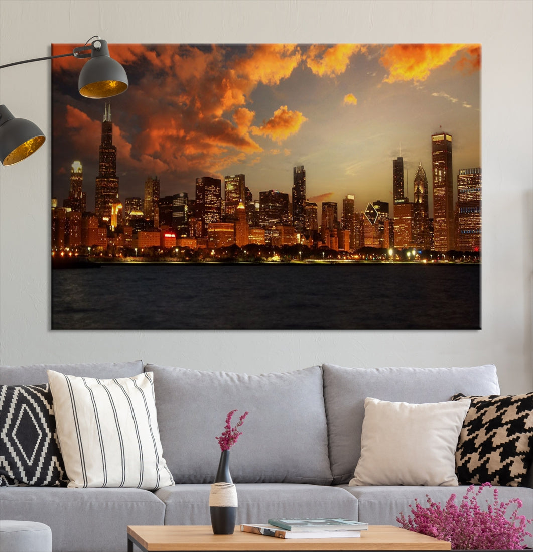 Chicago Sunset Orange Cloudy Skyline View Large Wall Art Canvas Print