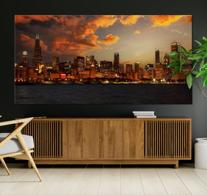 Chicago Sunset Orange Cloudy Skyline View Large Wall Art Canvas Print