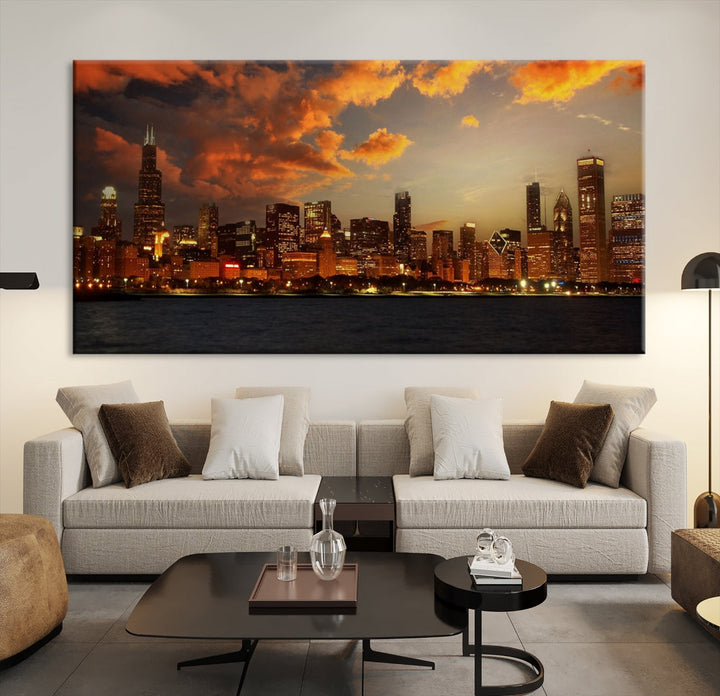 Chicago Sunset Orange Cloudy Skyline View Large Wall Art Canvas Print