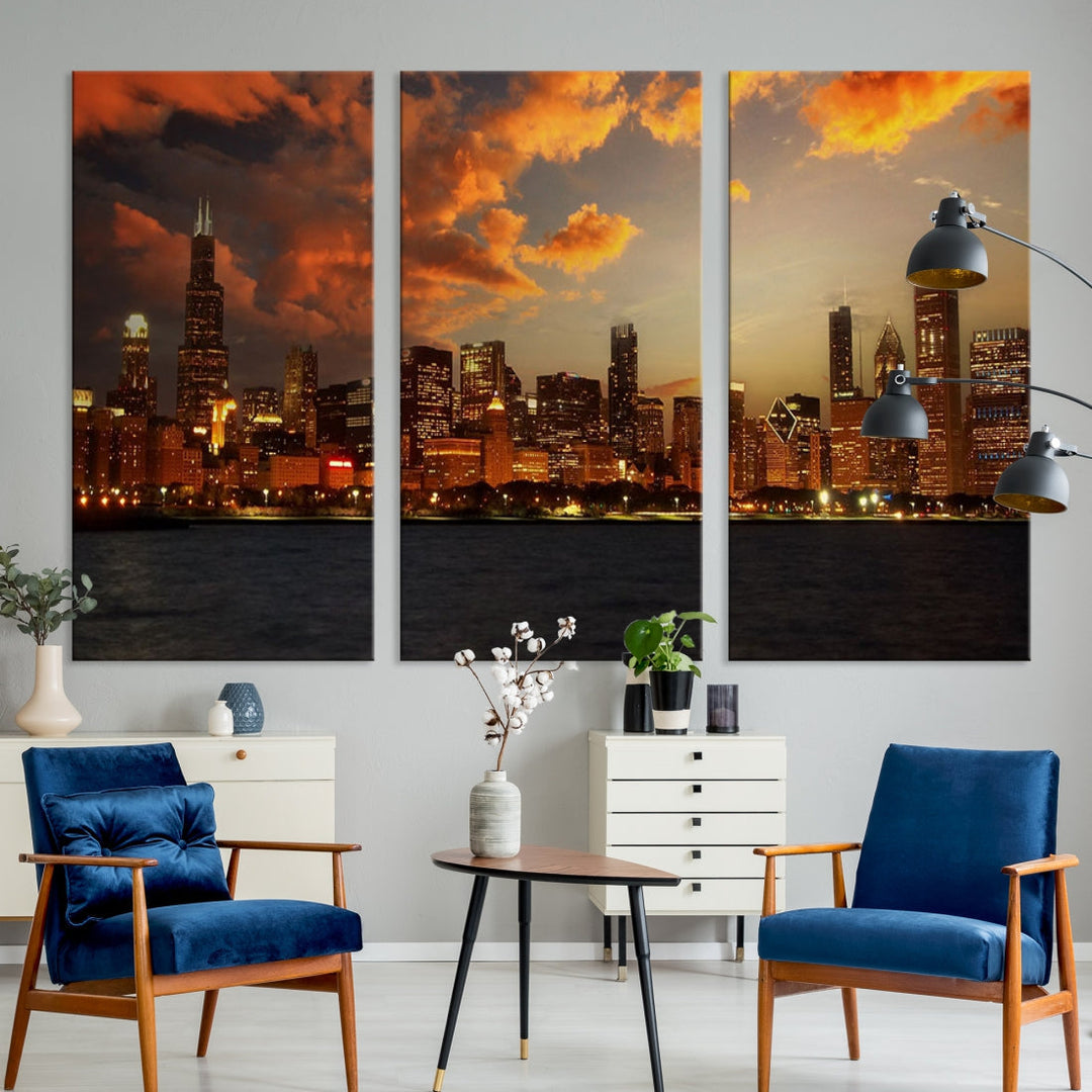 Chicago Sunset Orange Cloudy Skyline View Large Wall Art Canvas Print