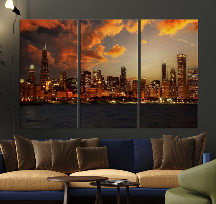 Chicago Sunset Orange Cloudy Skyline View Large Wall Art Canvas Print