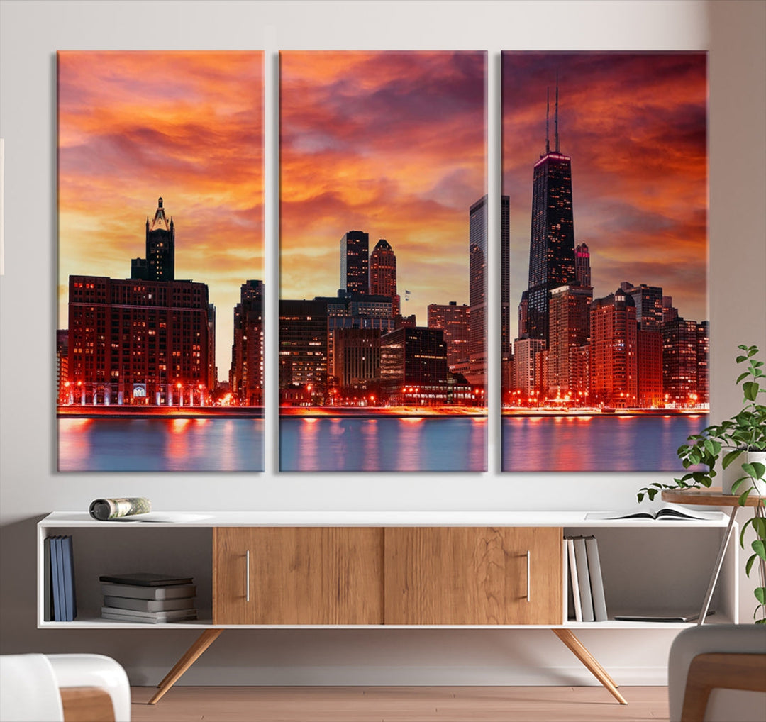 Chicago Sunset Skyline Photo Cityscape Framed Wall Art Canvas Print