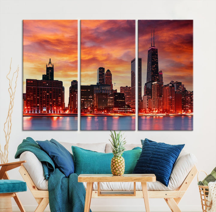 Chicago Sunset Skyline Photo Cityscape Framed Wall Art Canvas Print