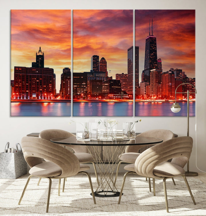 Chicago Sunset Skyline Photo Cityscape Framed Wall Art Canvas Print