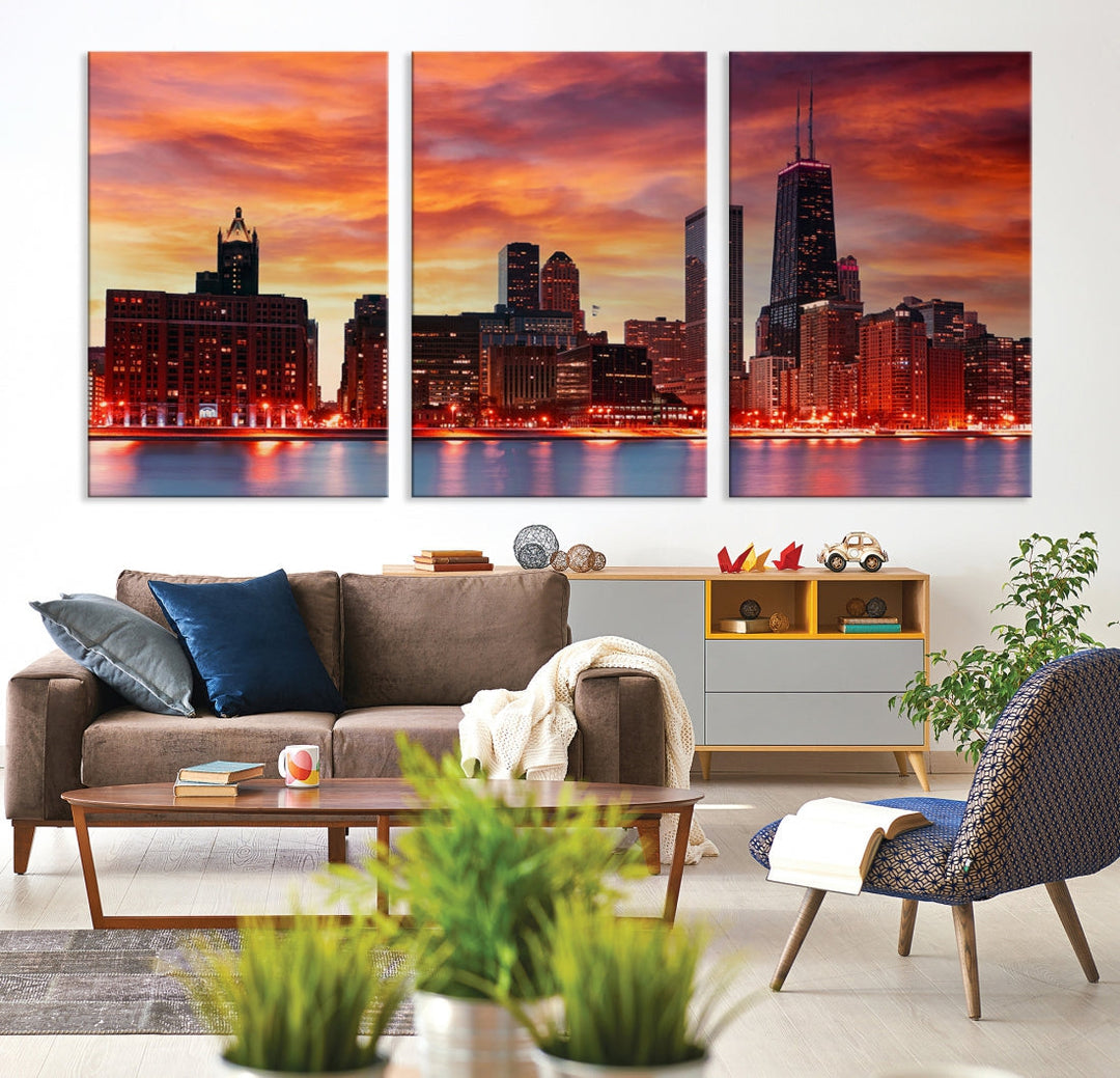 Chicago Sunset Skyline Photo Cityscape Framed Wall Art Canvas Print