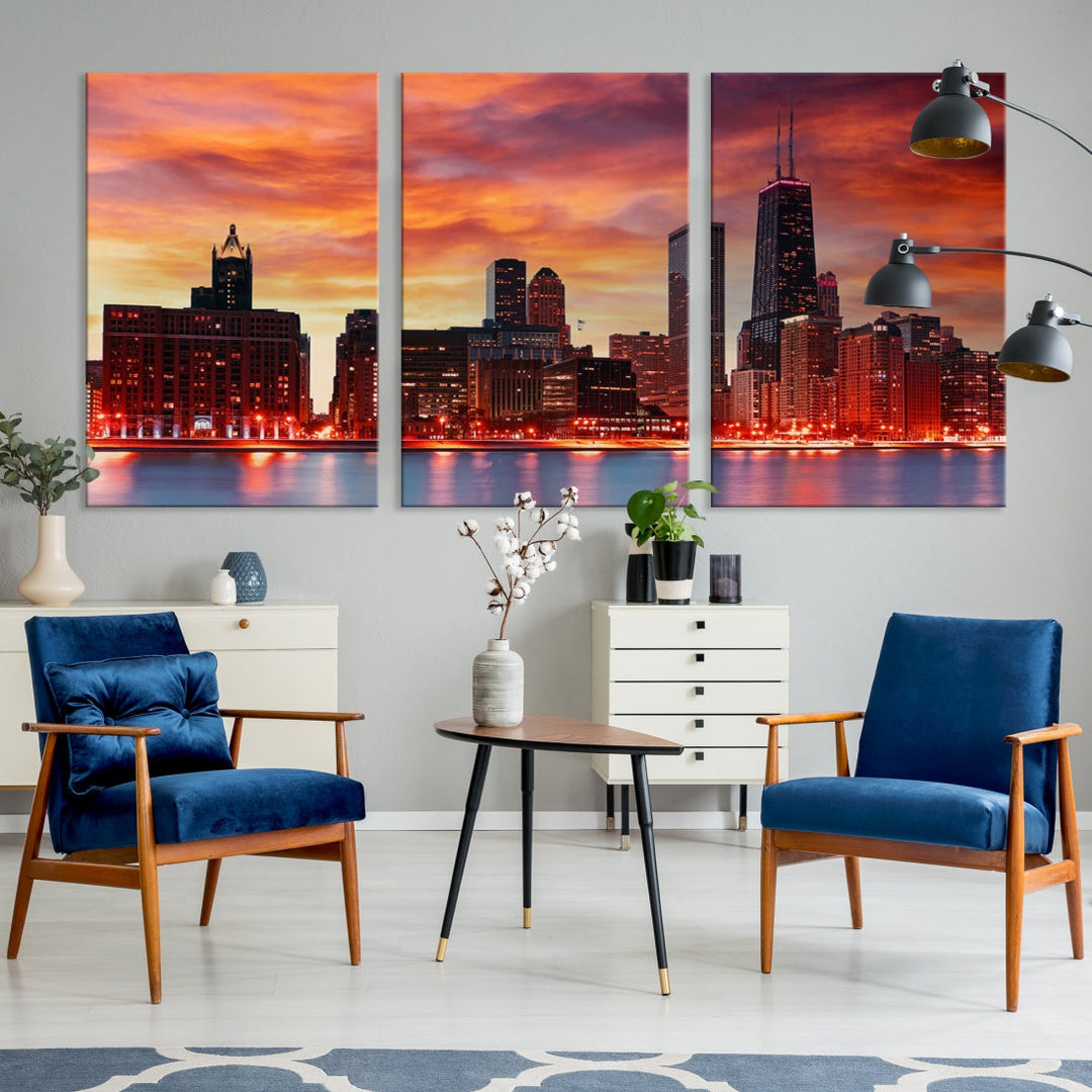 Chicago Sunset Skyline Photo Cityscape Framed Wall Art Canvas Print