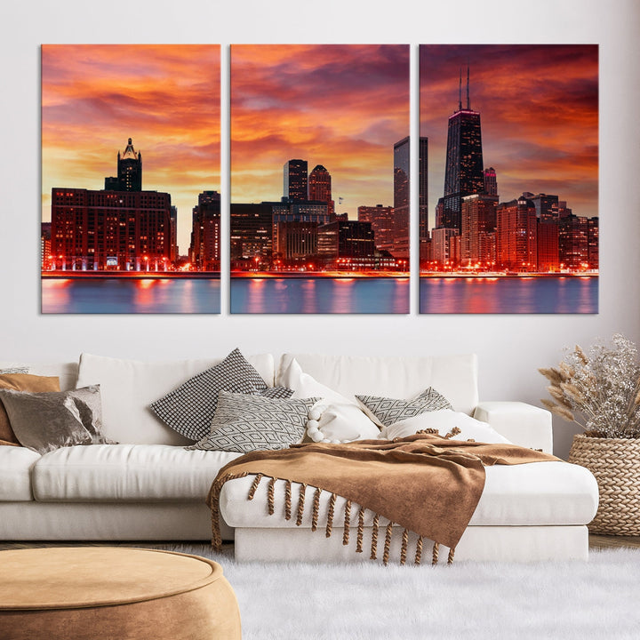 Chicago Sunset Skyline Photo Cityscape Framed Wall Art Canvas Print