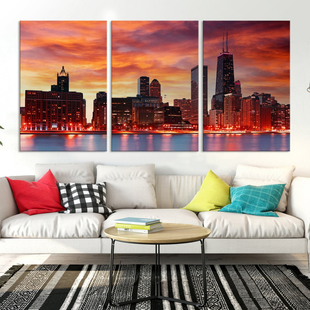 Chicago Sunset Skyline Photo Cityscape Framed Wall Art Canvas Print