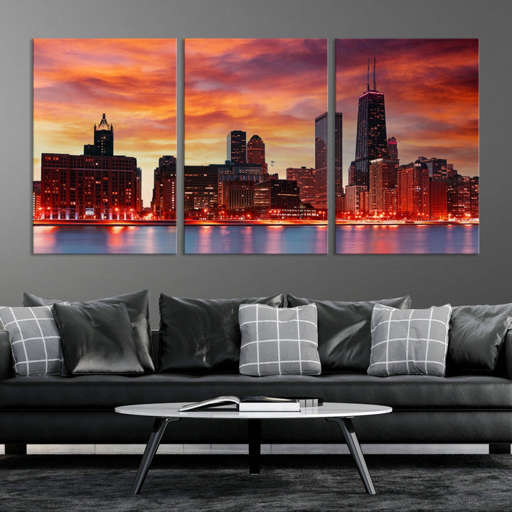 Chicago Sunset Skyline Photo Cityscape Framed Wall Art Canvas Print