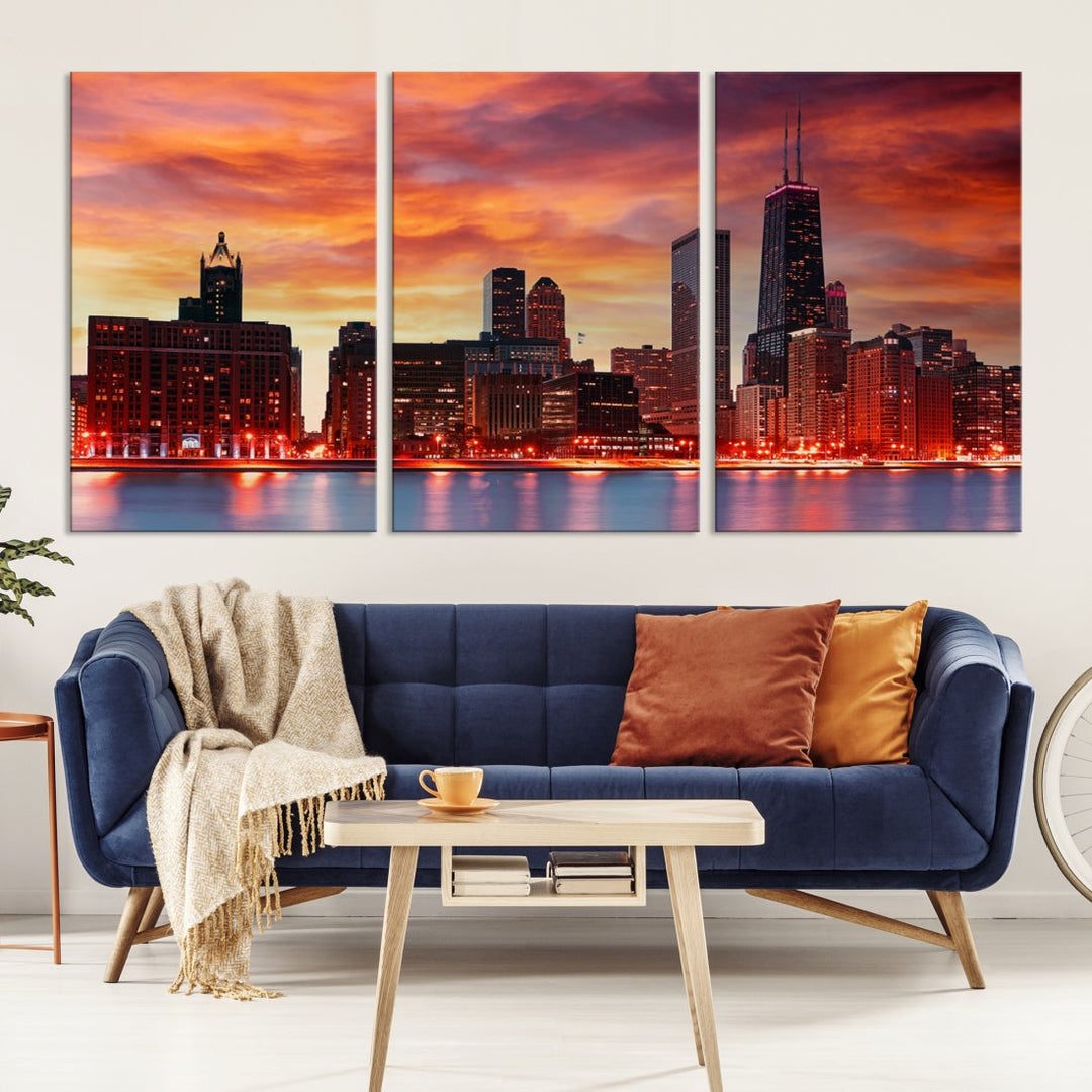 Chicago Sunset Skyline Photo Cityscape Framed Wall Art Canvas Print