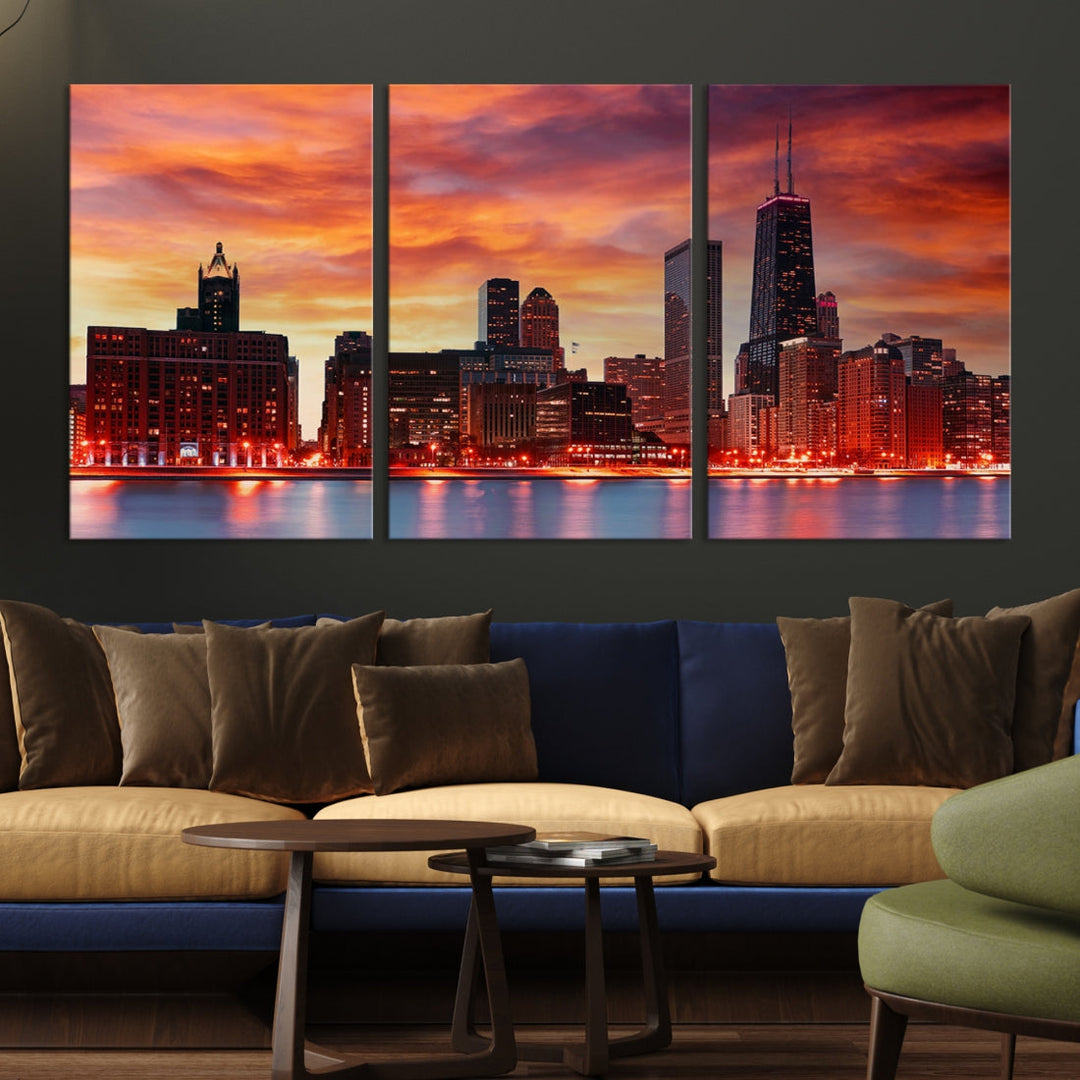 Chicago Sunset Skyline Photo Cityscape Framed Wall Art Canvas Print