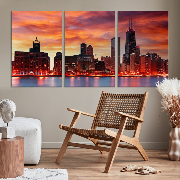 Chicago Sunset Skyline Photo Cityscape Framed Wall Art Canvas Print