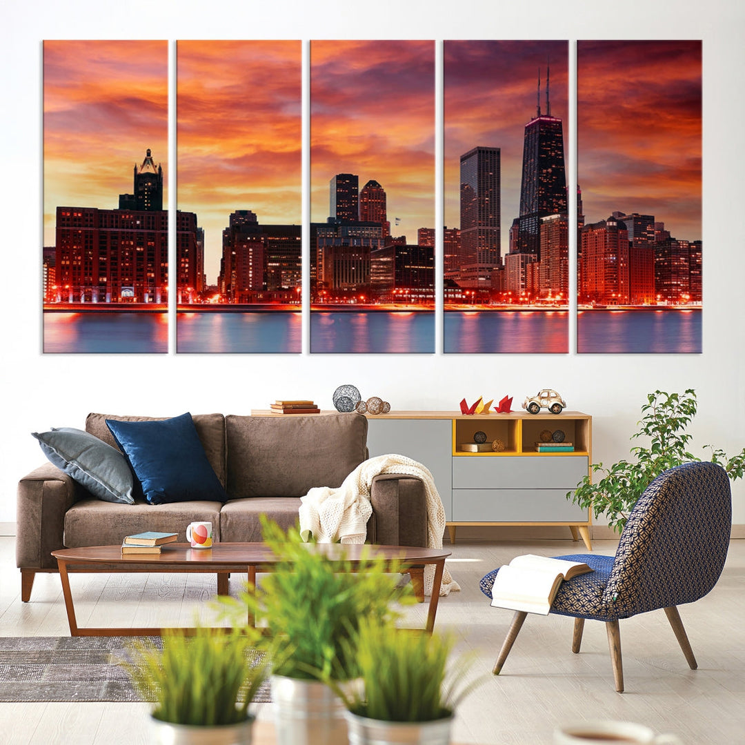 Chicago Sunset Skyline Photo Cityscape Framed Wall Art Canvas Print