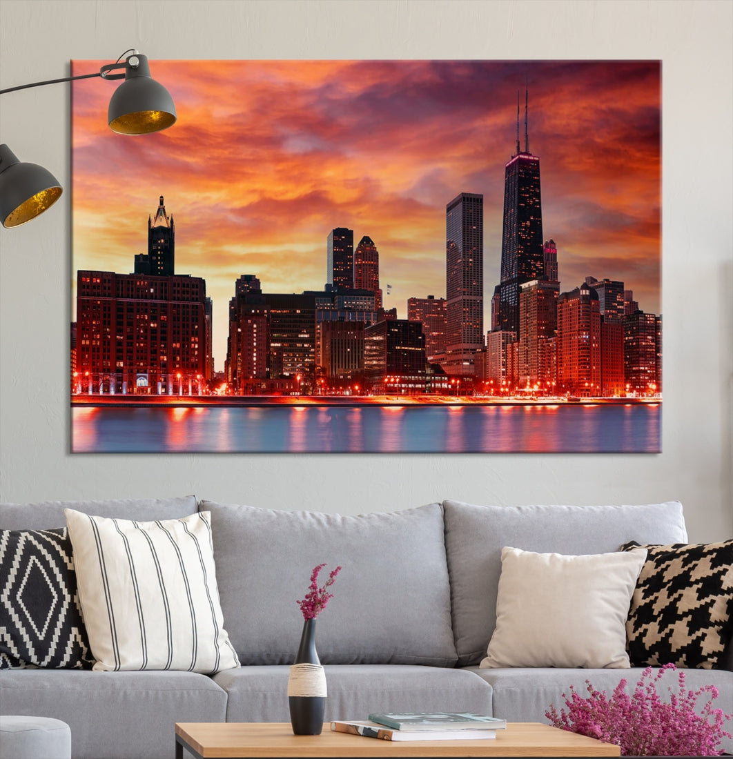 Chicago Sunset Skyline Photo Cityscape Framed Wall Art Canvas Print